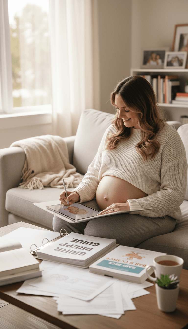 Woman reviewing postnatal care education materials