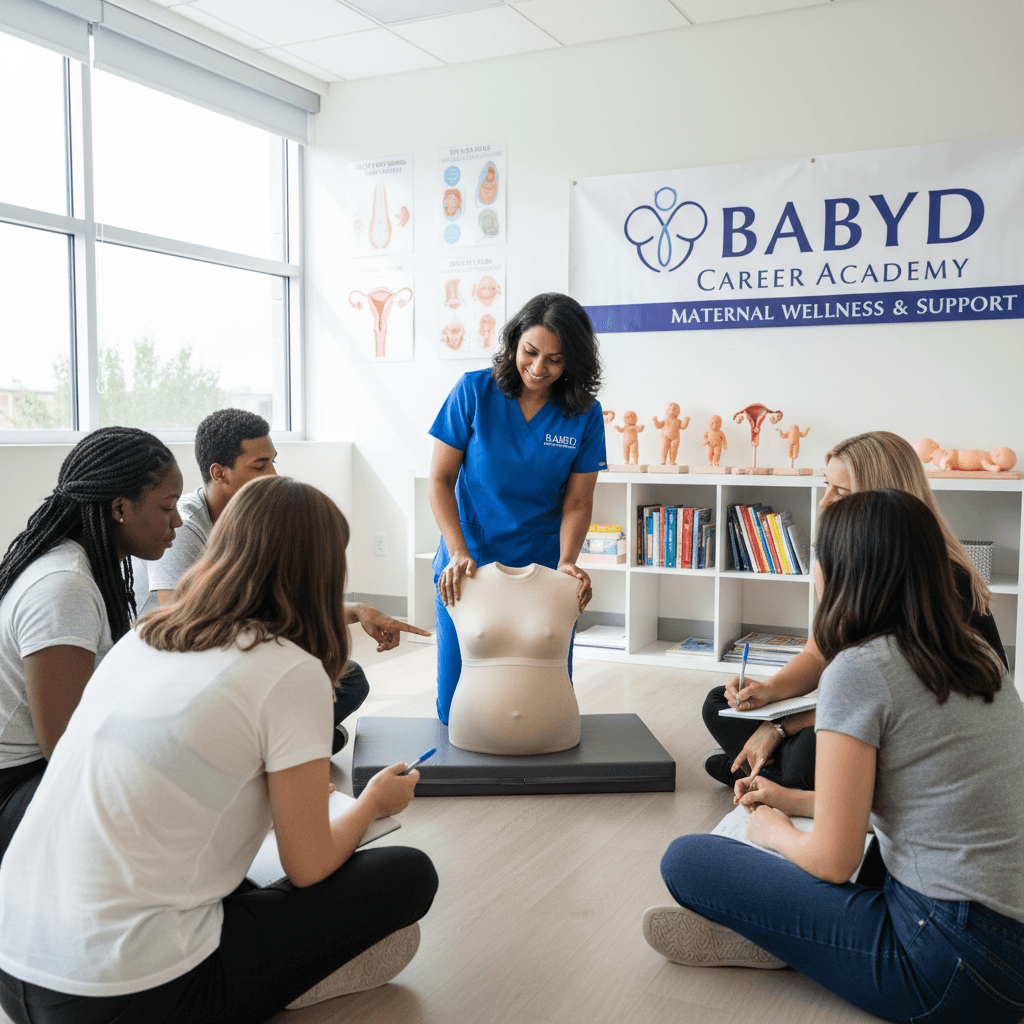 Instructor demonstrating labor support technique to students at BabyD Career Academy