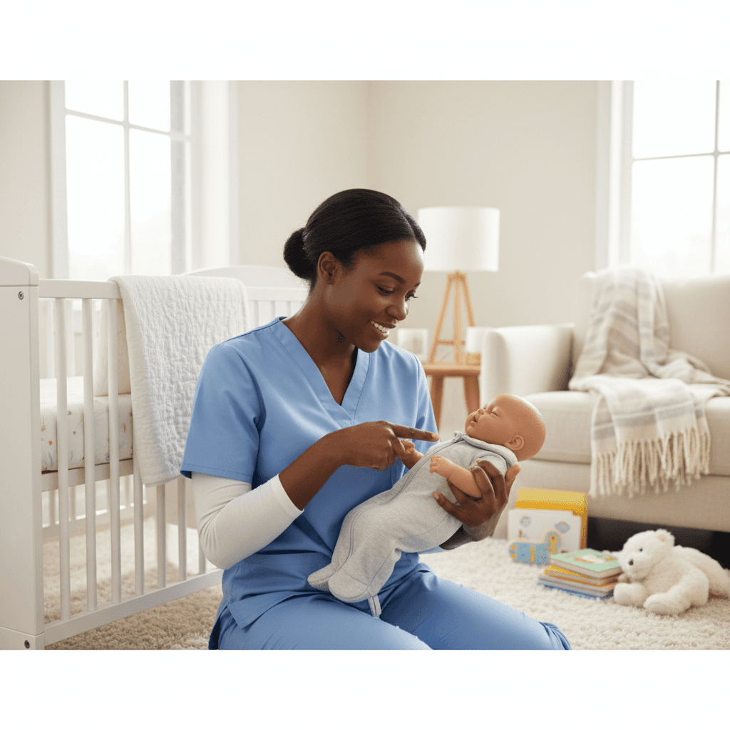 Black nurse training a baby doll in a well-lit home setting.