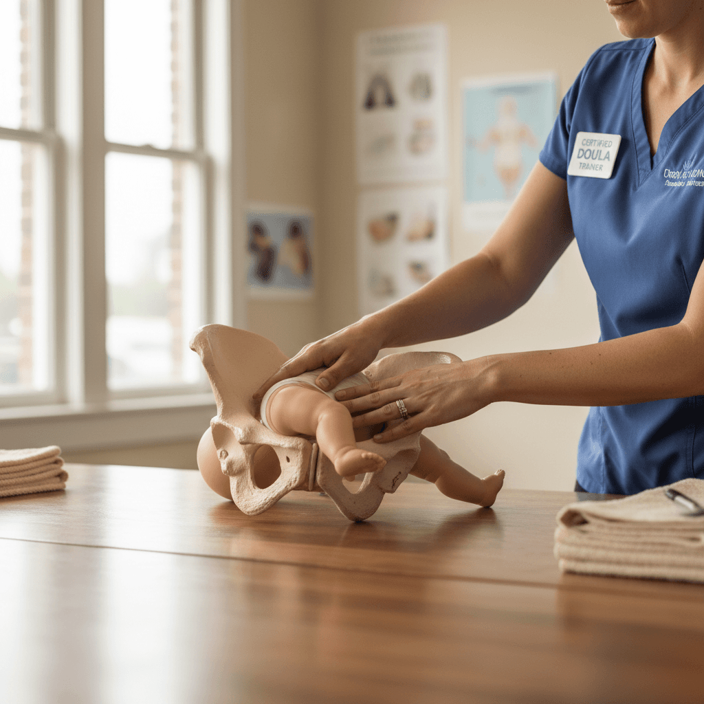 Instructor demonstrating labor support technique on anatomical model during professional birth worker training workshop